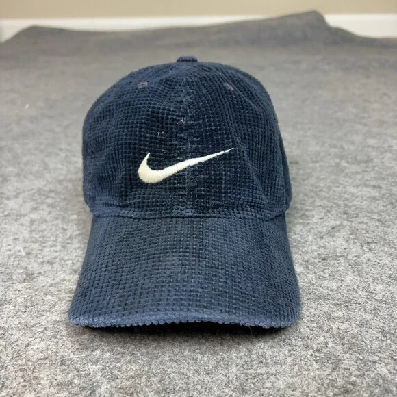 Vintage Nike Hat Cap Strap Back Navy Blue Corduroy Embroidered Swoosh Mens  90s